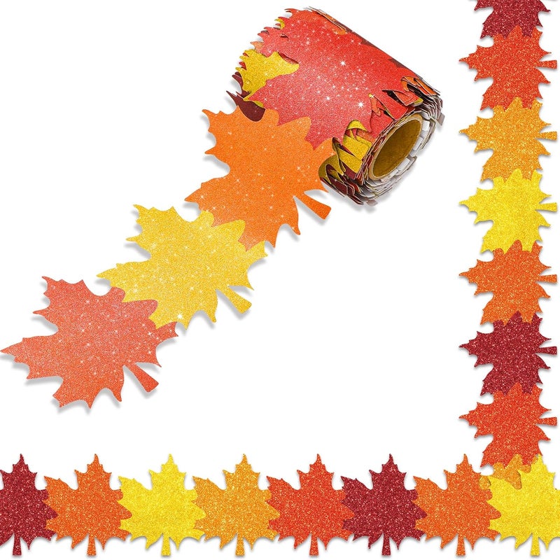 Whaline 32.8Ft Fall Bulletin Board Border Glitter Orange Yellow Red Maple Leaf Die Cut Trim Border Roll for Autumn Thanksgiving Classroom Chalkboard Wall Decor - Image 1